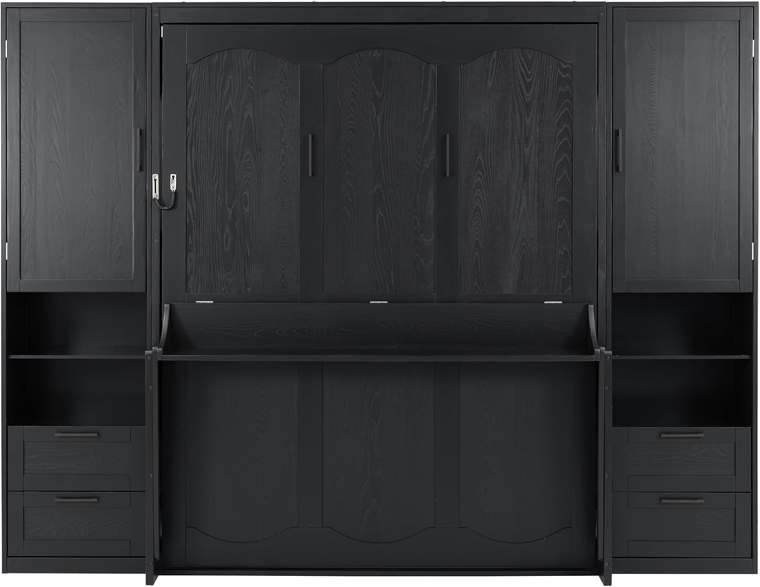 Merax Queen Size Murphy Bed with Desk, Multifunctional Foldable Wall Bed with Closet, Drawers and Shelves, Space-Saving Wood Bed Frame for Small Space Studio Study Office Guest Room, Black(Oak Veneer)