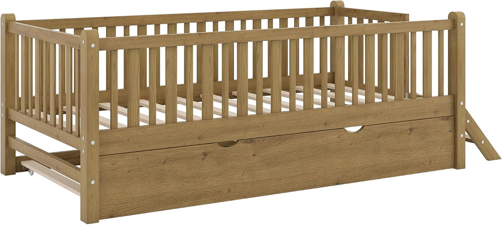 VilroCaz Twin Size Platform Bed with Guardrail and Trundle, Wood Kids Platform Bed Frame with Two-Step Ladder for Boys Girls, Sturdy Slats Support (Walnut-1.26T)
