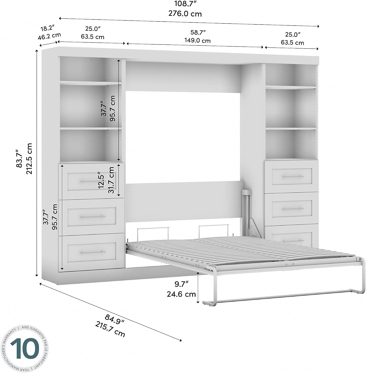 Bestar Pur Full Murphy Bed and 2 Shelving Units with Drawers, 109-inch Space-Saving Sleeping Arrangement in Ash Gray