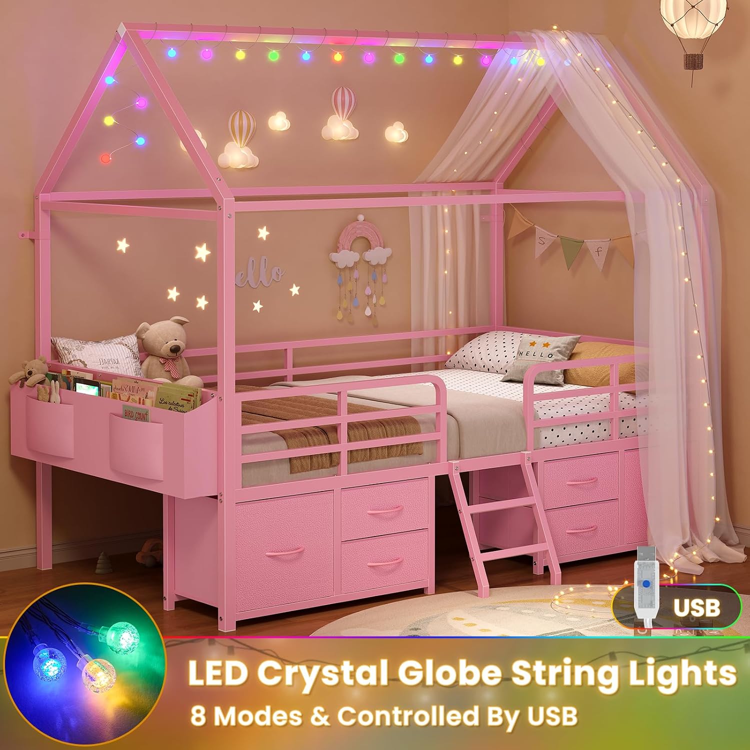 ADORNEVE Twin Size Bed Frame with 6 Drawers,House Bed with Globe String Lights Plug in,Metal Kids Bed with Safety Guardrail & Inclined Ladder,No Box Sping Needed,Pink