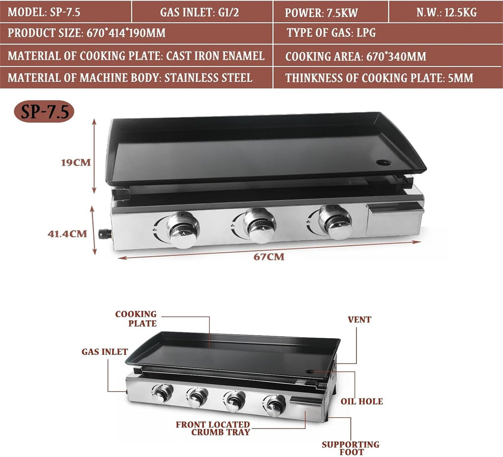 2/3/4 Burner Table Top Gas Grill Griddle, Burners Gas Griddle, Flat Top Grill for Outdoor Cooking While Party, Picnicking Or Camping,3Burner