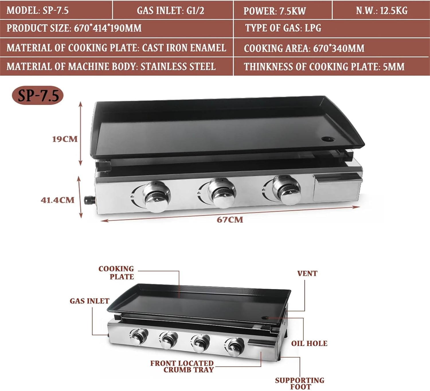 2/3/4 Burner Table Top Gas Grill Griddle, Burners Gas Griddle, Flat Top Grill for Outdoor Cooking While Party, Picnicking Or Camping,3Burner