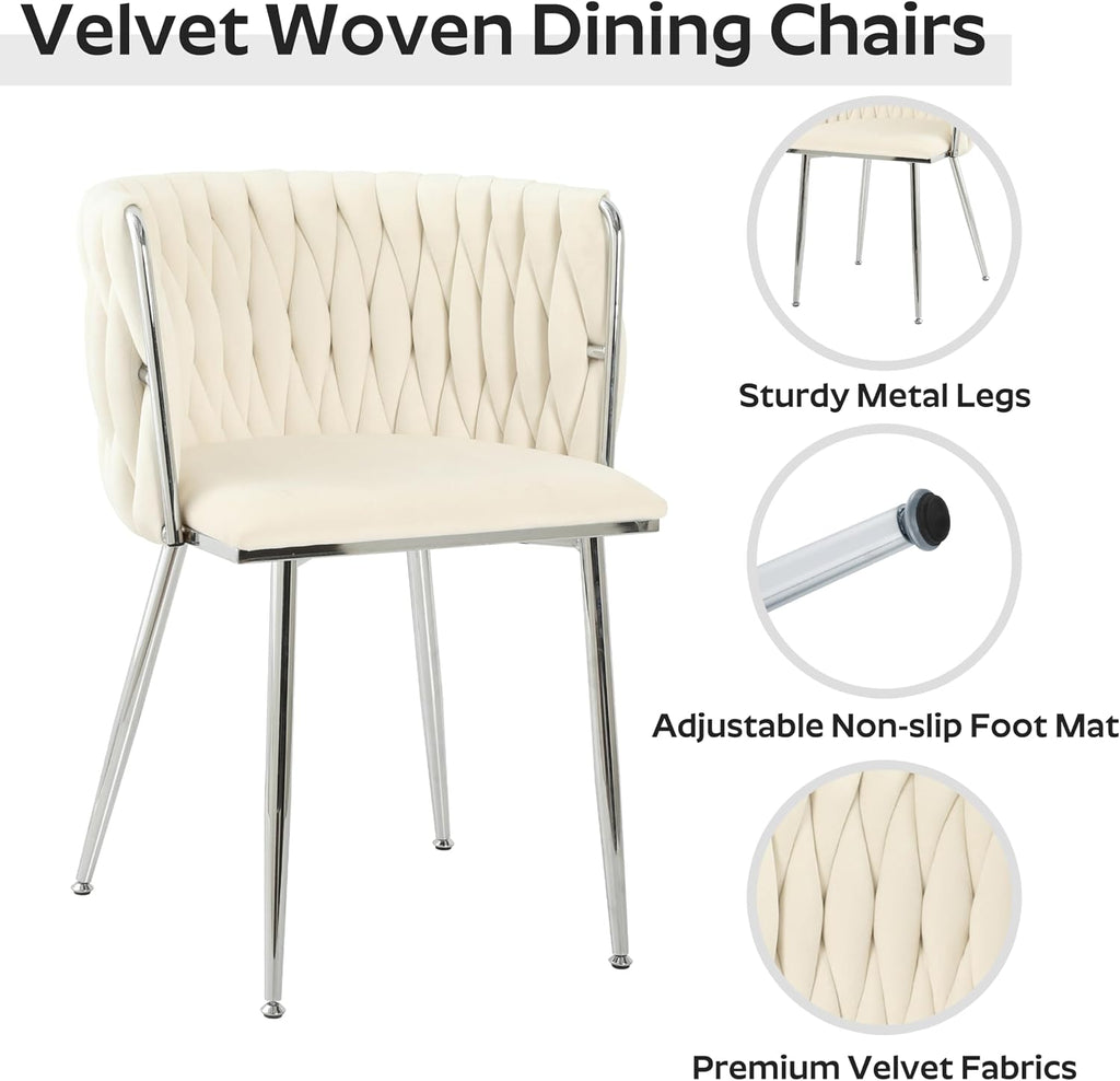 Silver Luxury Round Dining Table Set for 4, 47'' Modern Minimalist Circle Kitchen Table Set, 5 Pcs Large Clear Circular Glass Top Dinner Set, Ivory Woven Chairs Set, for Bedroom Breakfast Nook