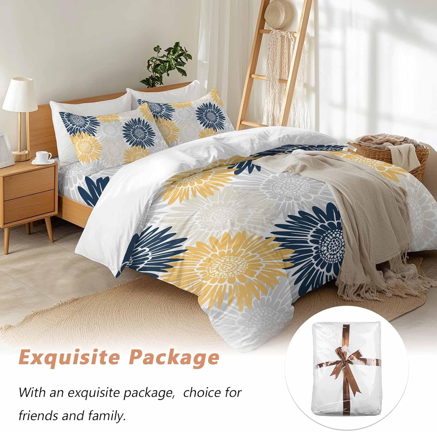Navy Blue Gray Yellow Sunflowers Duvet Cover Set Queen Size 4 Pieces Abstract Blooming Floral Bedding Set with Zipper Closure, 1 Comforter Cover 92x106 Inches 1 Flat Sheet & 2 Pillow Cases