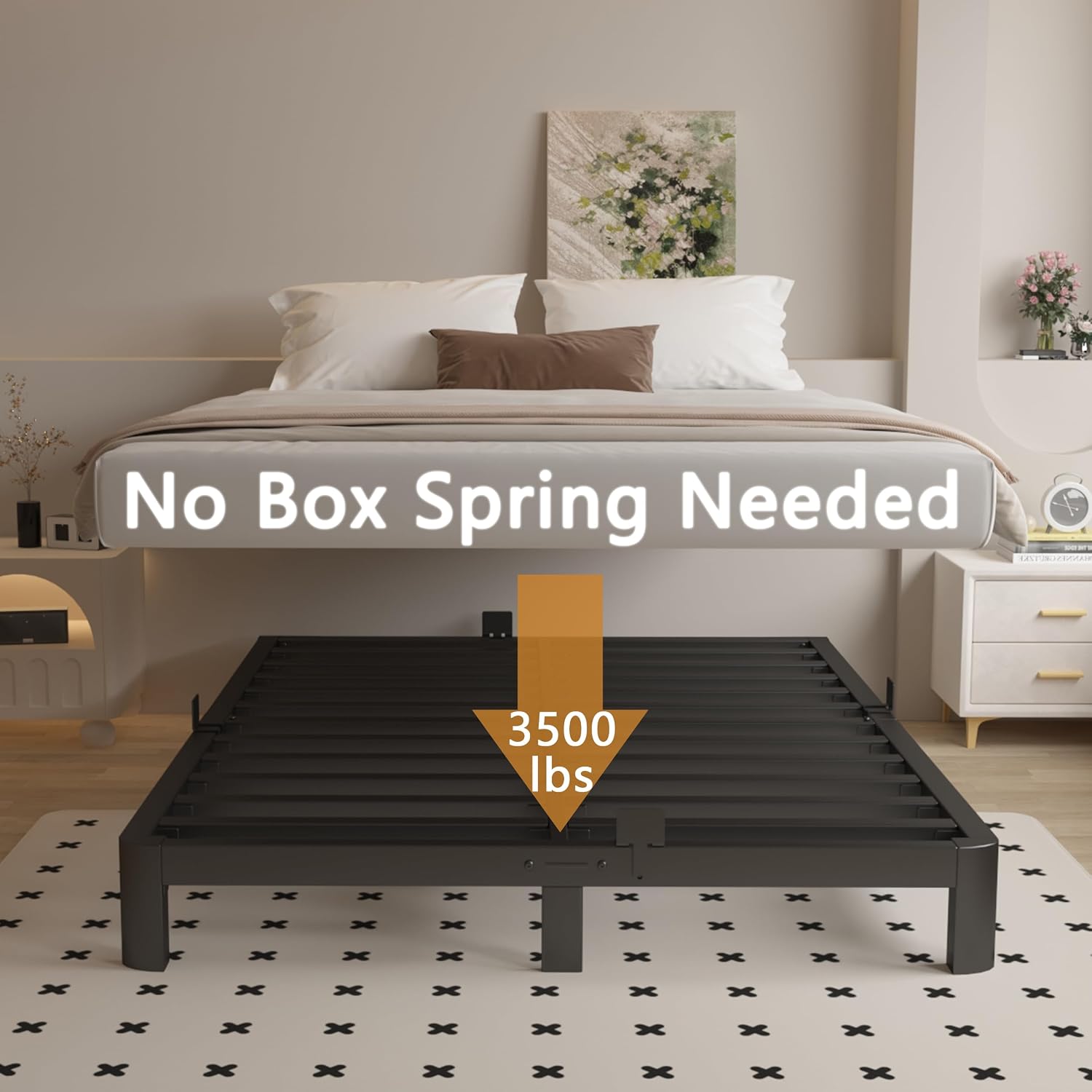 6 Inch King Size Bed Frame with Metal Gaskets, Black Bed Frame King Size No Box Spring Needed, Heavy Duty Steel Platform Support, Round Corner Design, Reserved Holes, Noiseless, Easy Assembly