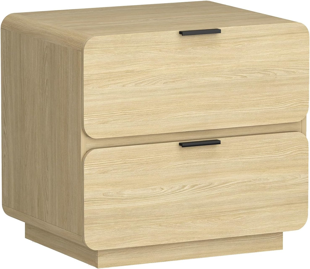 Manhattan Comfort Chrystie Fluted Nightstand 26' Bedside Table with 2 Full Extension Drawers and Metal Handles, Rounded Corners, Wood Grain Finish, Set of 2 for Bedroom or Living Room in Natural