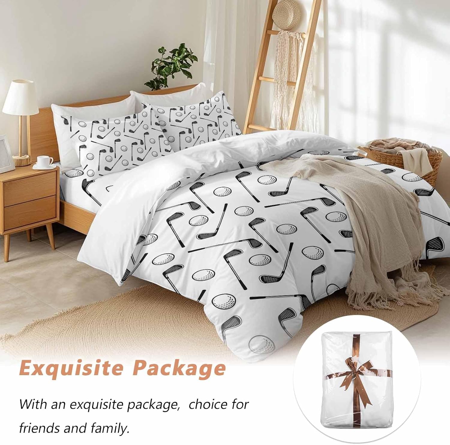 Golf Balls Duvet Cover Set Queen Size 4 Pieces Retro Sports Style Golf Poles Minimalist Modern Bedding Set with Zipper Closure, 1 Comforter Cover 90x92 Inches 1 Flat Sheet & 2 Pillow Cases
