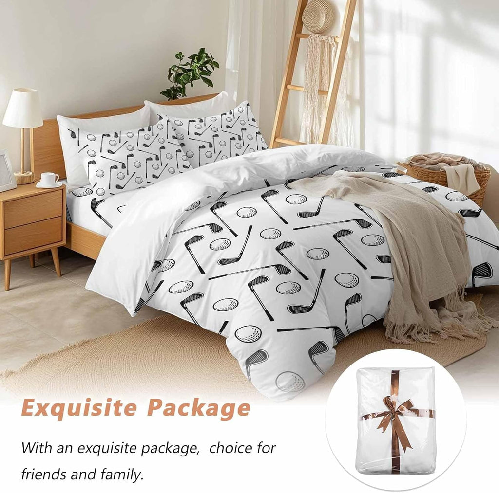 Golf Balls Duvet Cover Set Queen Size 4 Pieces Retro Sports Style Golf Poles Minimalist Modern Bedding Set with Zipper Closure, 1 Comforter Cover 86x86 Inches 1 Flat Sheet & 2 Pillow Cases