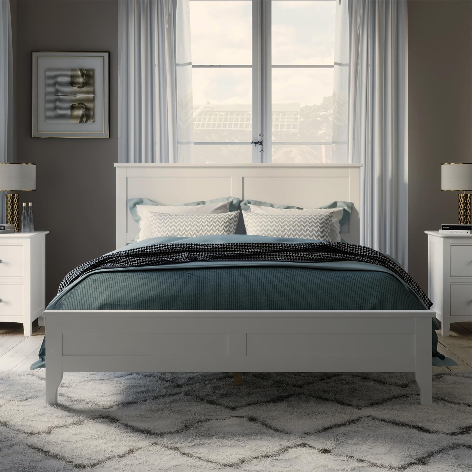 Queen Size Wood Bed Frame and Headboard, Modern Retro White Platform Beds Frames, Sturdy and Durable Design Rustic Wooden Bedroom Set, Easy Assembly, No Box Spring Needed (White, Queen)