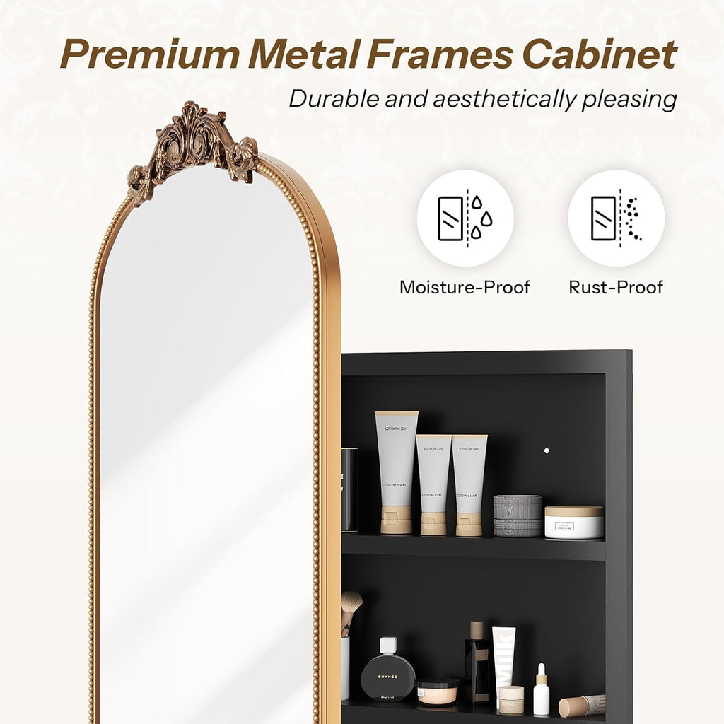 24x35 Inch Medicine Cabinets for Bathroom, Bronze Arched Medicine Cabinet with Mirror, Recessed or Surface Mount Medicine Cabinet Mirror，Premium All-Metal Frame&Body, Easy Assembly, Gold