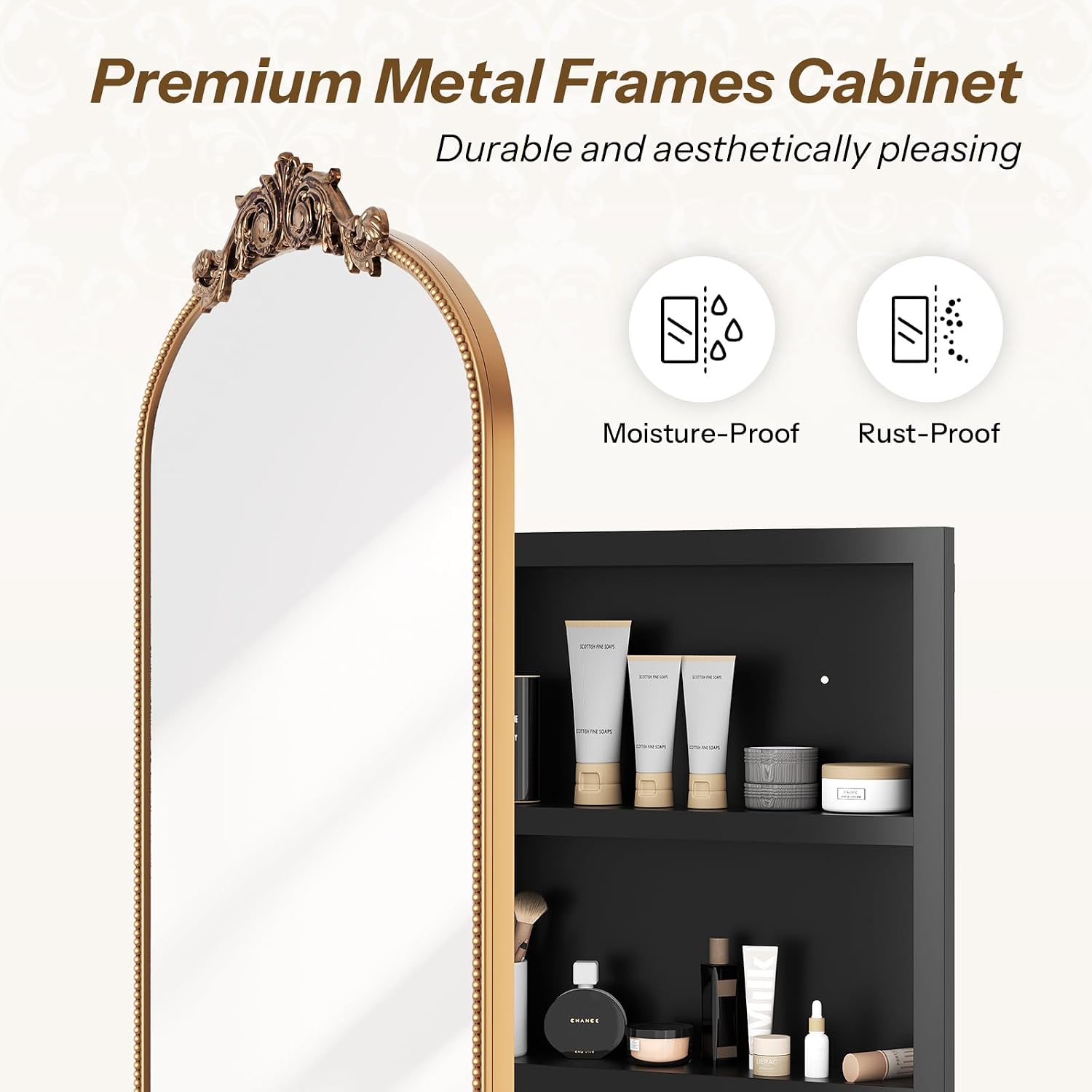 24x35 Inch Medicine Cabinets for Bathroom, Bronze Arched Medicine Cabinet with Mirror, Recessed or Surface Mount Medicine Cabinet Mirror，Premium All-Metal Frame&Body, Easy Assembly, Gold