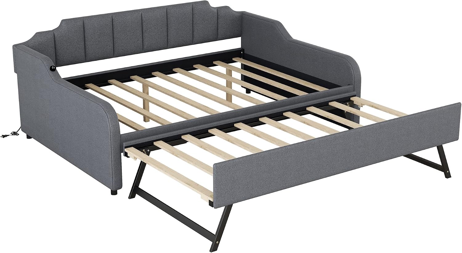 Daybed with Trundle and USB Charging Design, Full Size Upholstery Day Bed Frame, Trundle can be Flat or erected,Grey