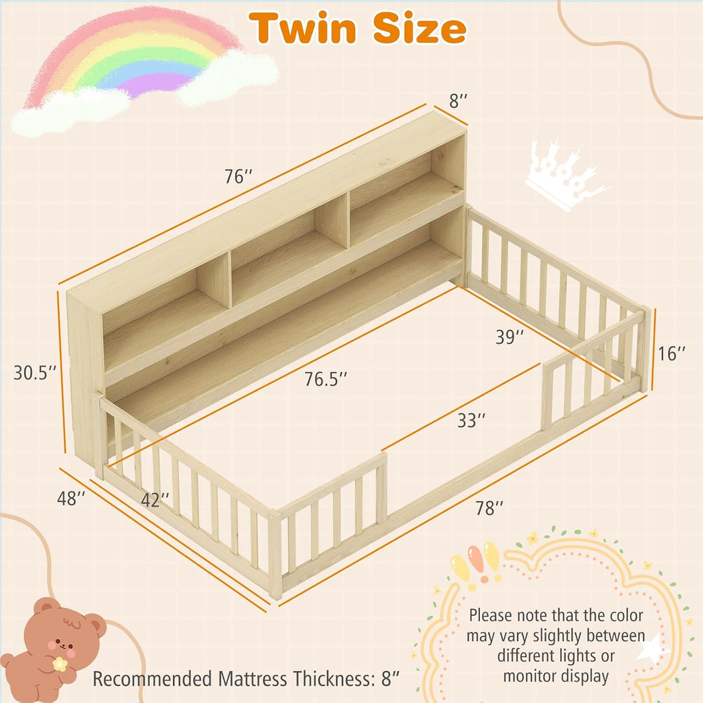 Giantex Twin Floor Bed for Kids, Wooden Montessori Bed Frame with Bookcase, Storage Shelves & Safety Fence Rails, Floor Beds Twin for Girls, Boys, No Box Spring Needed, Without Slats, Natural