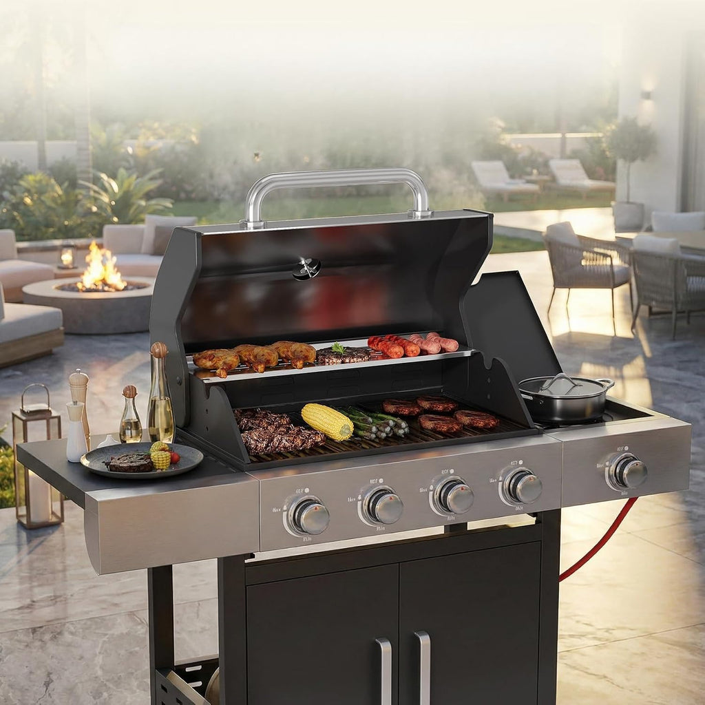 Belord 4-Burner Propane Gas Grills with Side Burner, 44000 BTU Output Stainless Steel Burner Barbecue Grill with Cast Iron Grate & Side Tables, Gas BBQ Grill Propane for Patio Picnic, Outdoor Cooking