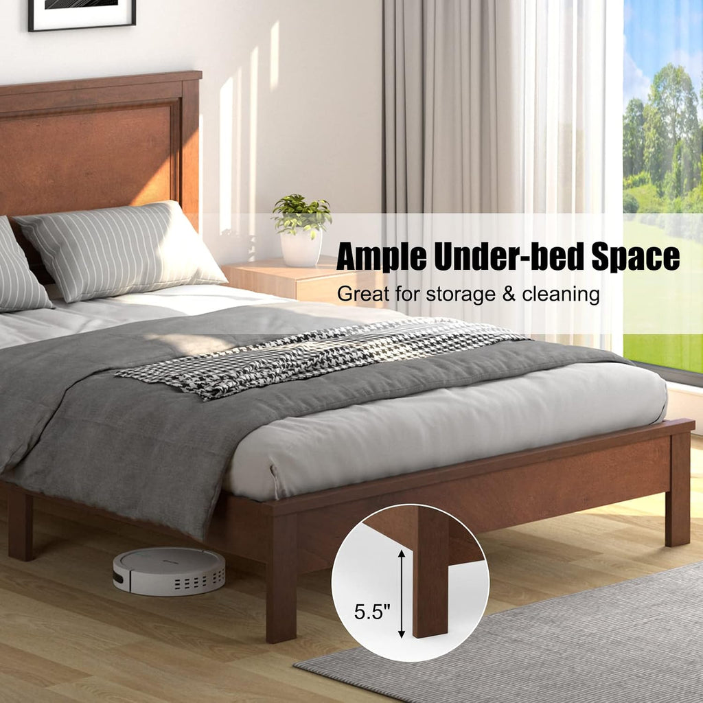 KOMFOTT Full Size Wood Platform Bed Frame with Headboard, Wooden Mid Century Platform Bed with Slat Support & Under Bed Storage, Mattress Foundation Bed Base, No Box Spring Needed, Walnut