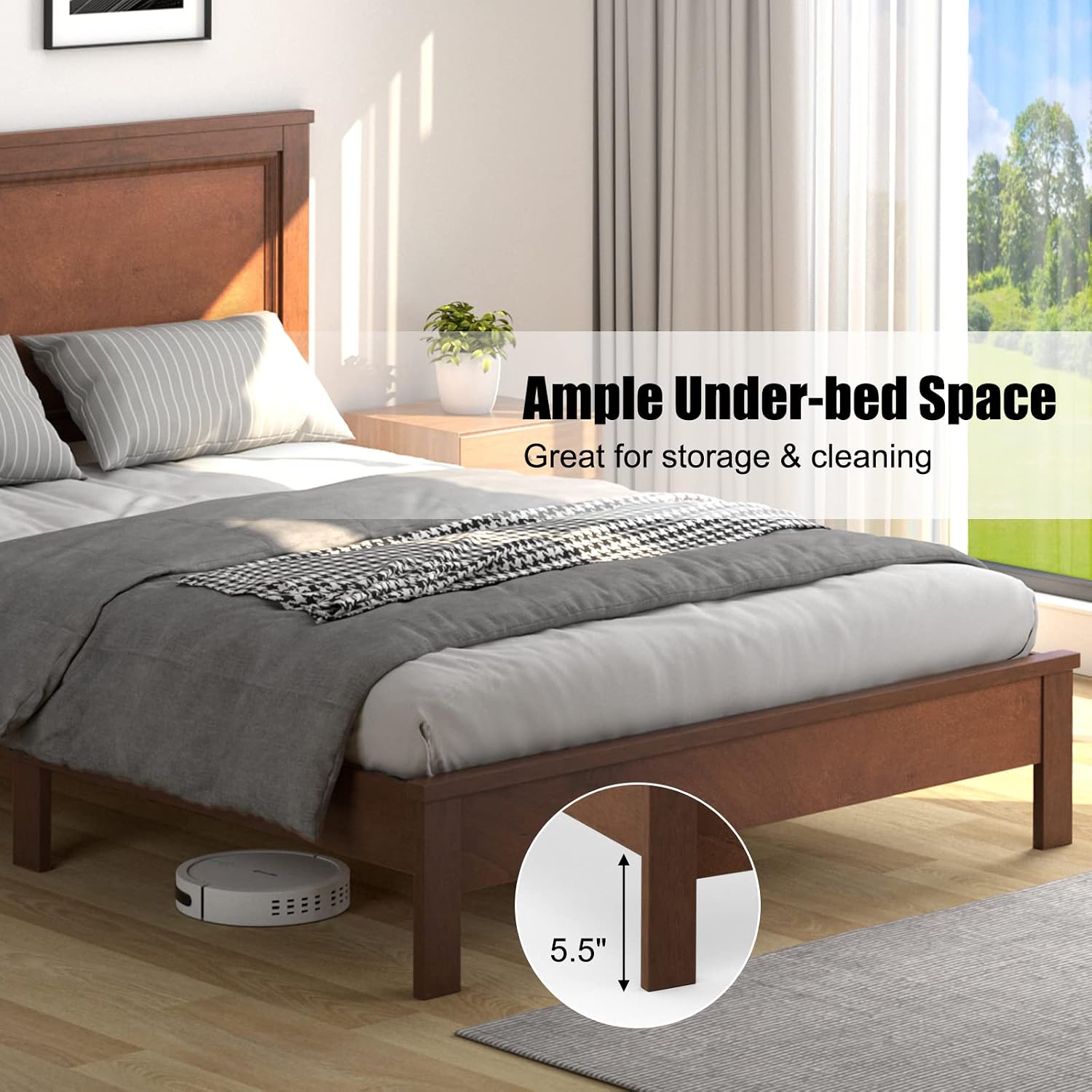 KOMFOTT Full Size Wood Platform Bed Frame with Headboard, Wooden Mid Century Platform Bed with Slat Support & Under Bed Storage, Mattress Foundation Bed Base, No Box Spring Needed, Walnut