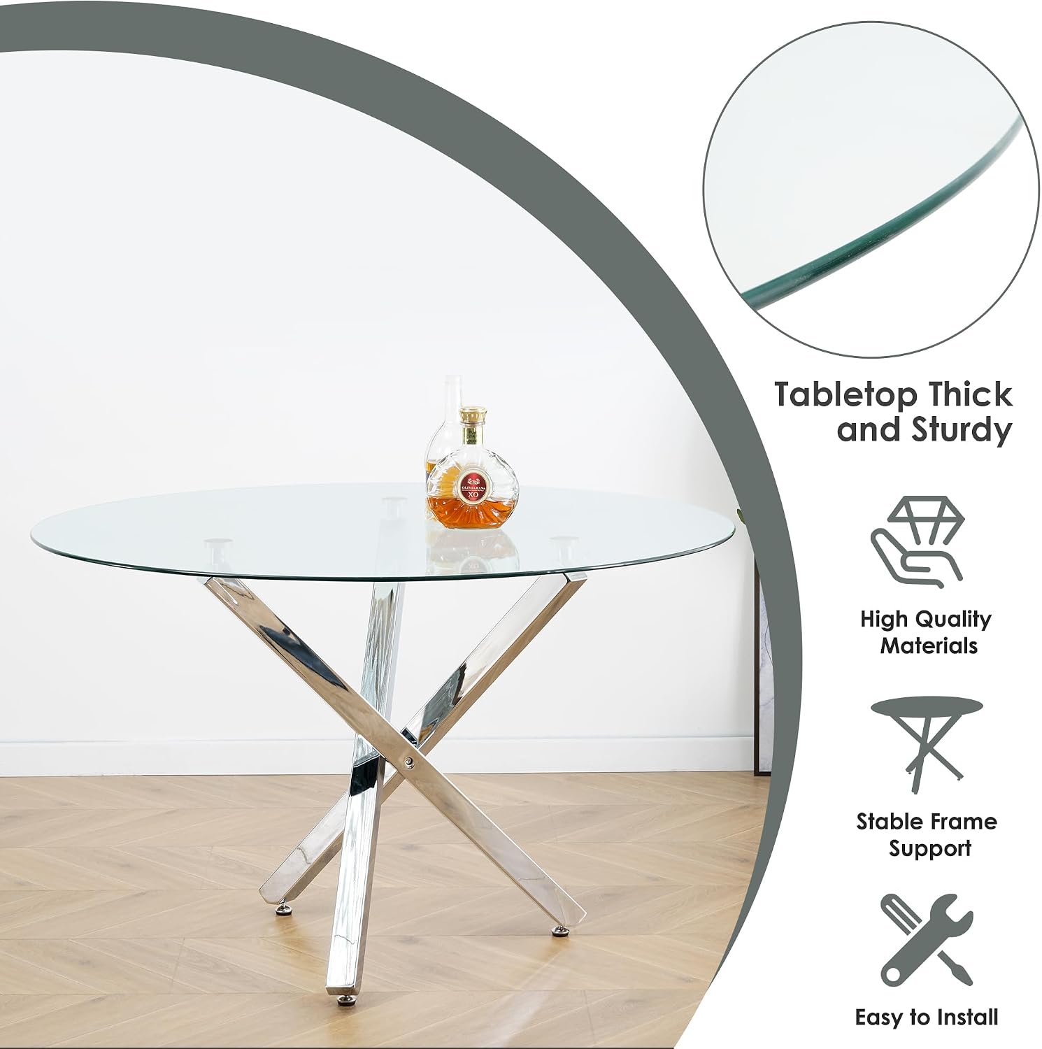 Silver Luxury Round Dining Table Set for 4, 47'' Modern Minimalist Circle Kitchen Table Set, 5 Pcs Large Clear Circular Glass Top Dinner Set, Ivory Woven Chairs Set, for Bedroom Breakfast Nook