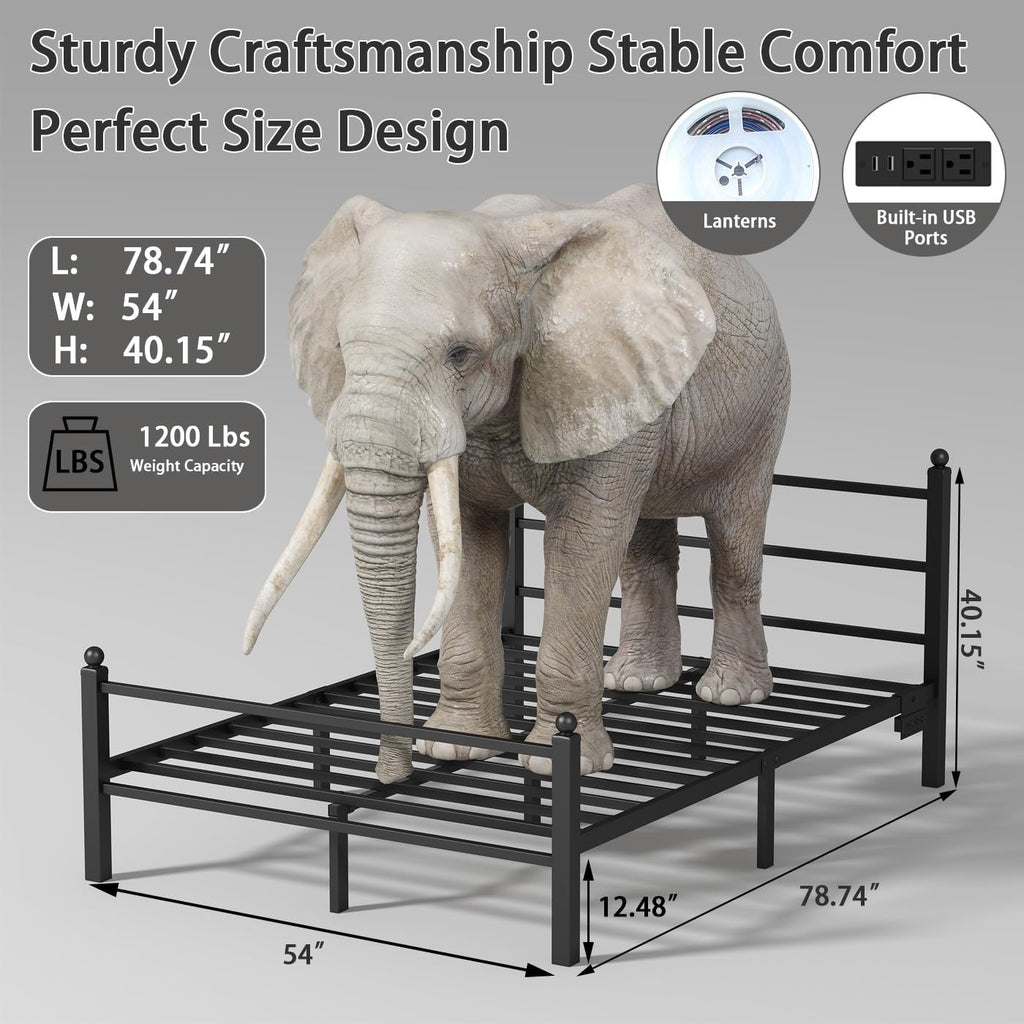 Full Size Bed Frame with Headboard and Footboard,Black Metal Platform Bed Frames with LED Lights and USB Charging Station,Heavy Duty Metal Slats,No Box Spring Needed,Sturdy&Noise Free