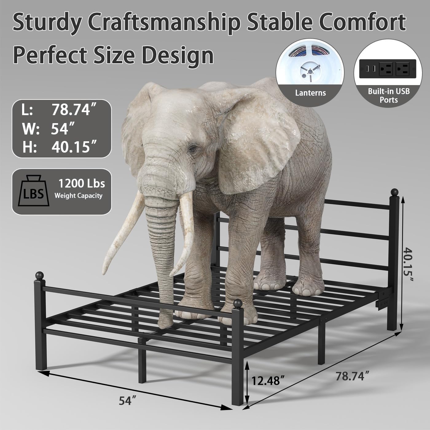 Full Size Bed Frame with Headboard and Footboard,Black Metal Platform Bed Frames with LED Lights and USB Charging Station,Heavy Duty Metal Slats,No Box Spring Needed,Sturdy&Noise Free