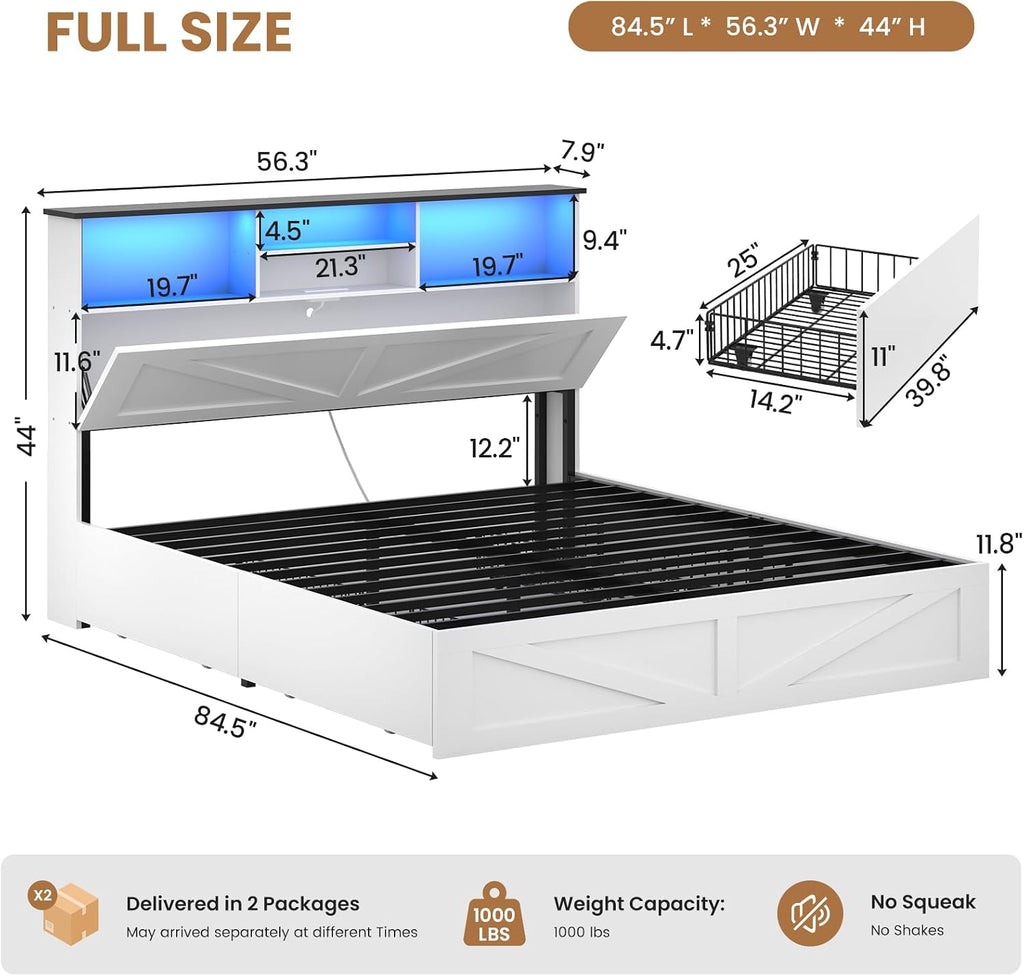 AOGLLATI Farmhouse Bed Frame Full Size with 4 Storage Drawers and Charging Station, Wooden Full Size Bed Frame with Hidden Space Bookcase Headboard and Led Lights & Metal Slats, White