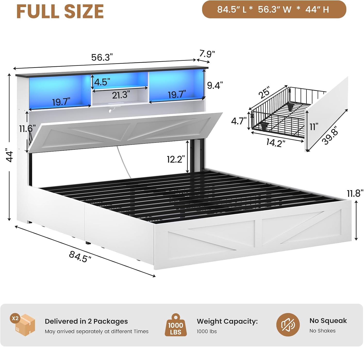 AOGLLATI Farmhouse Bed Frame Full Size with 4 Storage Drawers and Charging Station, Wooden Full Size Bed Frame with Hidden Space Bookcase Headboard and Led Lights & Metal Slats, White