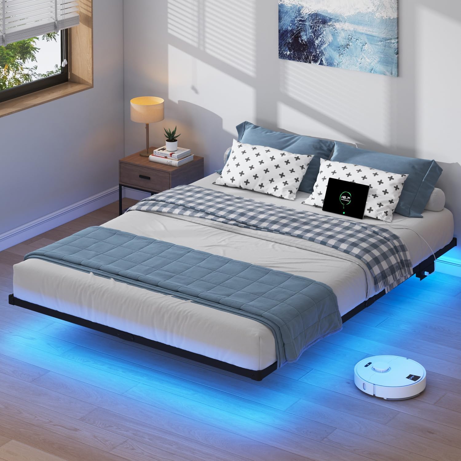 HAVONIZD Queen Floating Bed Frame with LED Lights and Charging Station - 10 inch Platform Bed Frame No Box Spring Needed, Easy Assembly