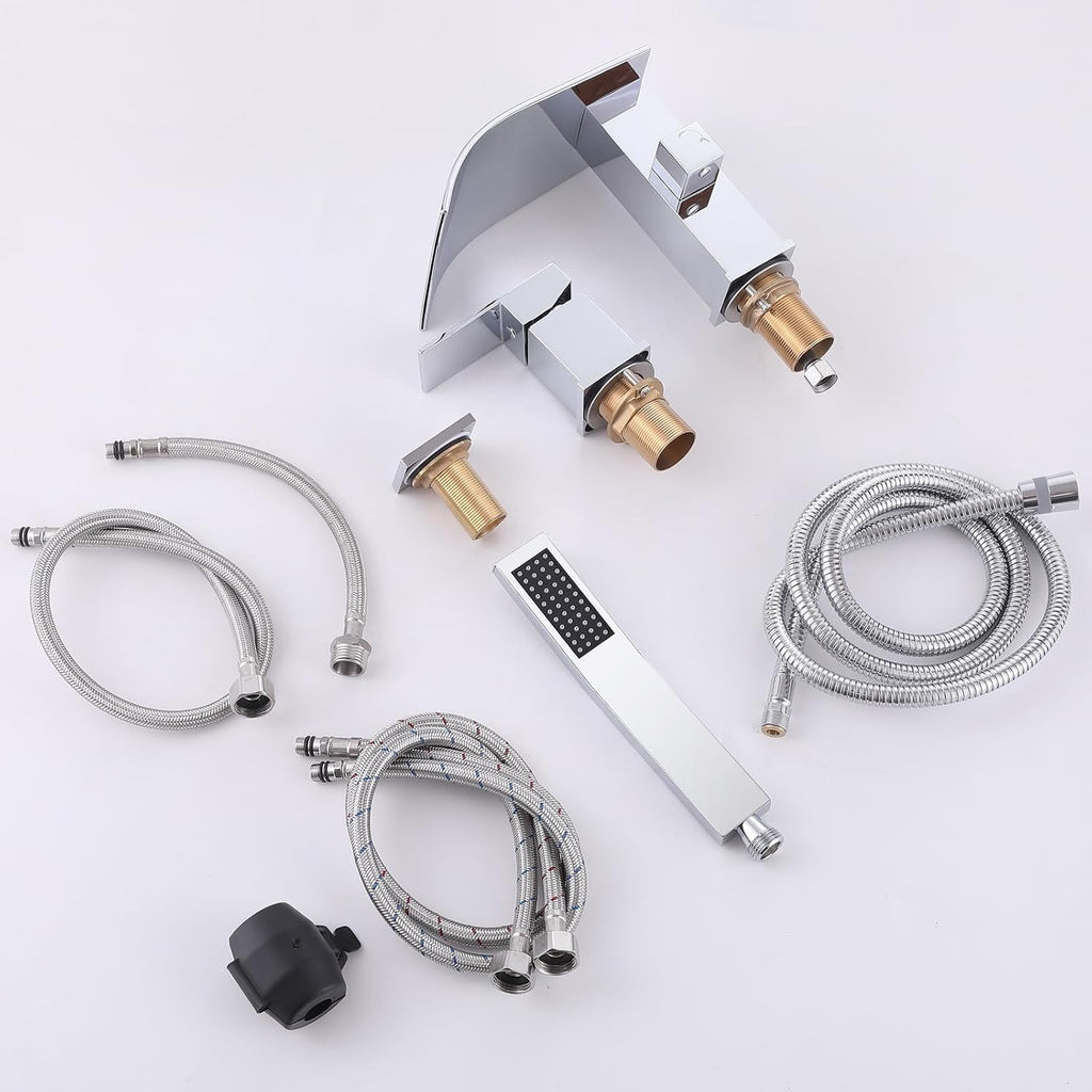 Waterfall Roman Tub Faucet with Hand Shower, Deck Mount Tub Filler Bathtub Faucet with Sprayer, Single Handle Bathtub Faucet Set, Brass Widespread 3 Hole Bathtub Shower Faucet Set, Chrome
