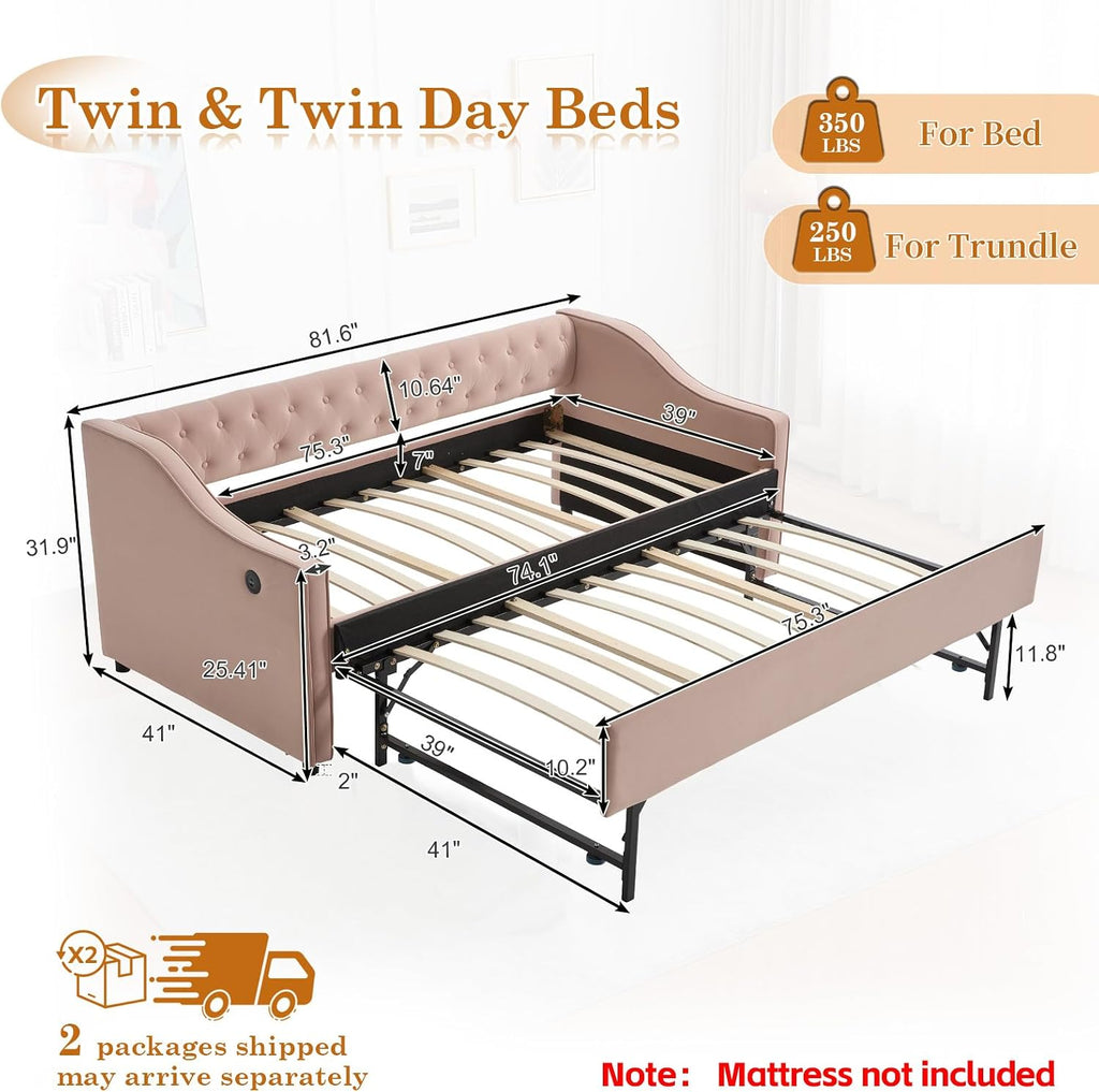 Twin to King Daybed with Trundle, USB Ports Soft Upholstered Daybed with Pop Up Trundle Bed Twin, Modern Extendable Day Bed Frame for Girls Bedroom Living Room Guest Room Small Places Blush Pink