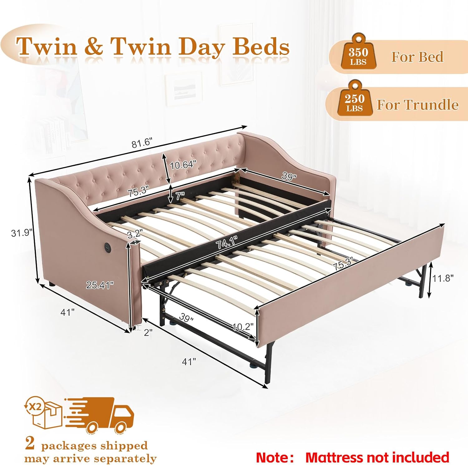 Twin to King Daybed with Trundle, USB Ports Soft Upholstered Daybed with Pop Up Trundle Bed Twin, Modern Extendable Day Bed Frame for Girls Bedroom Living Room Guest Room Small Places Blush Pink