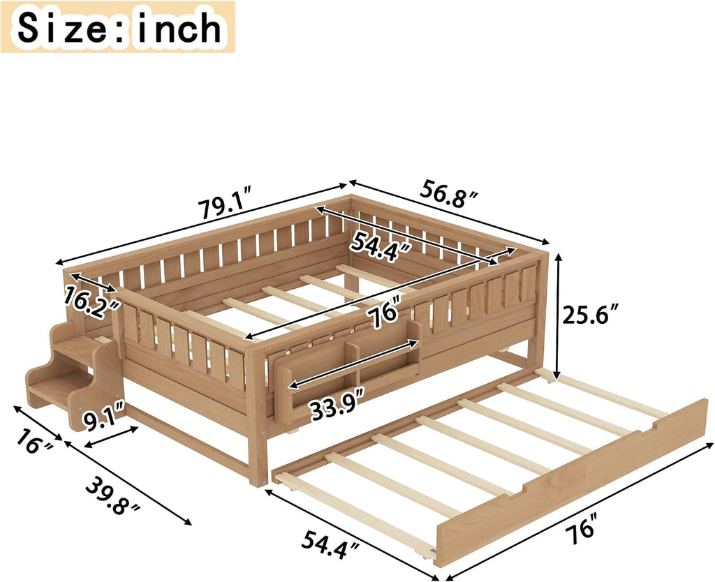 Bellemave Full Bed with Trundle and Stairs, Full Size Platform Bed Frame with Fence and Bookshelf, Easy Assemble Beds for Kids, Girls, Boys, Natural