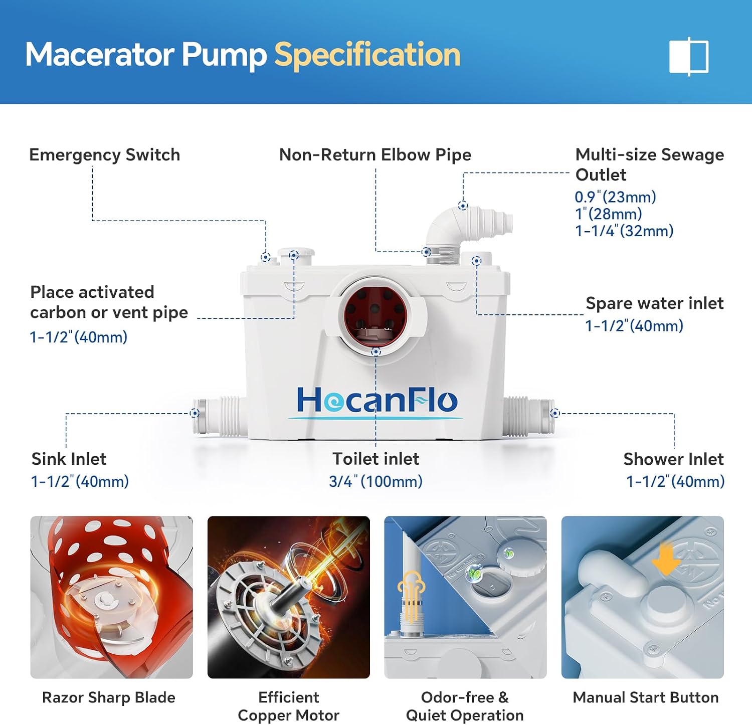 Upflush Macerating Toilet System – 21' ADA Compliant Tall Toilet with Macerator Pump Durable Copper Grinder with 4 Inlets for Basement Kitchen, Shower, Sink & Laundry, Extension Pipe Included