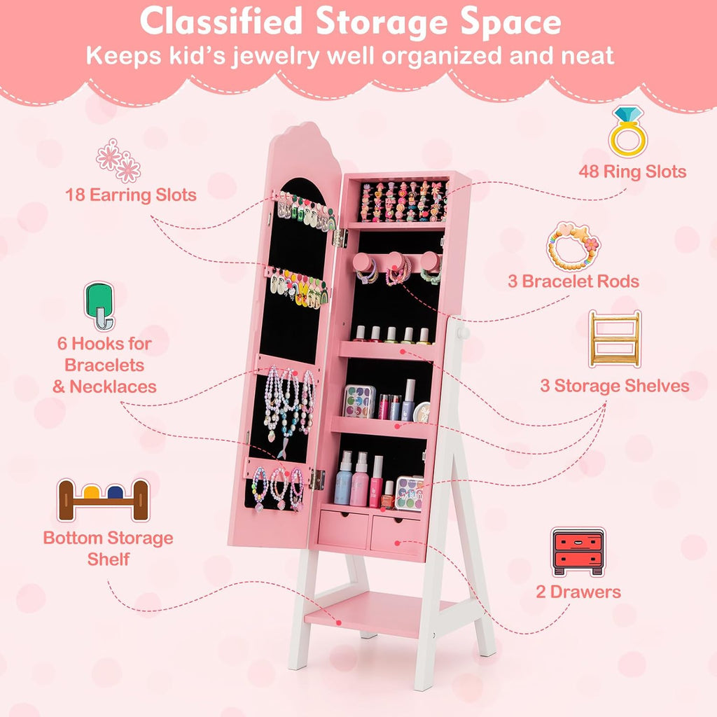 Costzon Kids Vanity & Jewelry Armoire Cabinet, Kids Makeup Vanity Table and Chair Set, Standing Jewelry Organizer with Full-Length Mirror, Kids Bedroom Furniture Set for Girls (Pink)