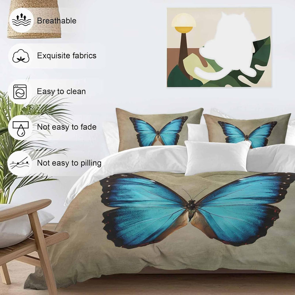 Prime Leader Blue Butterfly Duvet Cover Set Queen Size 4 Pieces Vintage Brown Retro Bug Farm Bedding Set with Zipper Closure, 1 Comforter Cover 92x106 Inches 1 Flat Sheet & 2 Pillow Cases
