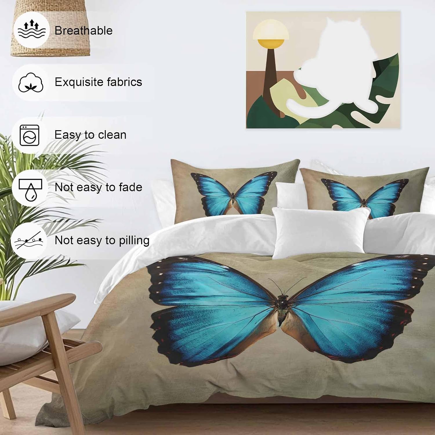 Prime Leader Blue Butterfly Duvet Cover Set Queen Size 4 Pieces Vintage Brown Retro Bug Farm Bedding Set with Zipper Closure, 1 Comforter Cover 92x106 Inches 1 Flat Sheet & 2 Pillow Cases