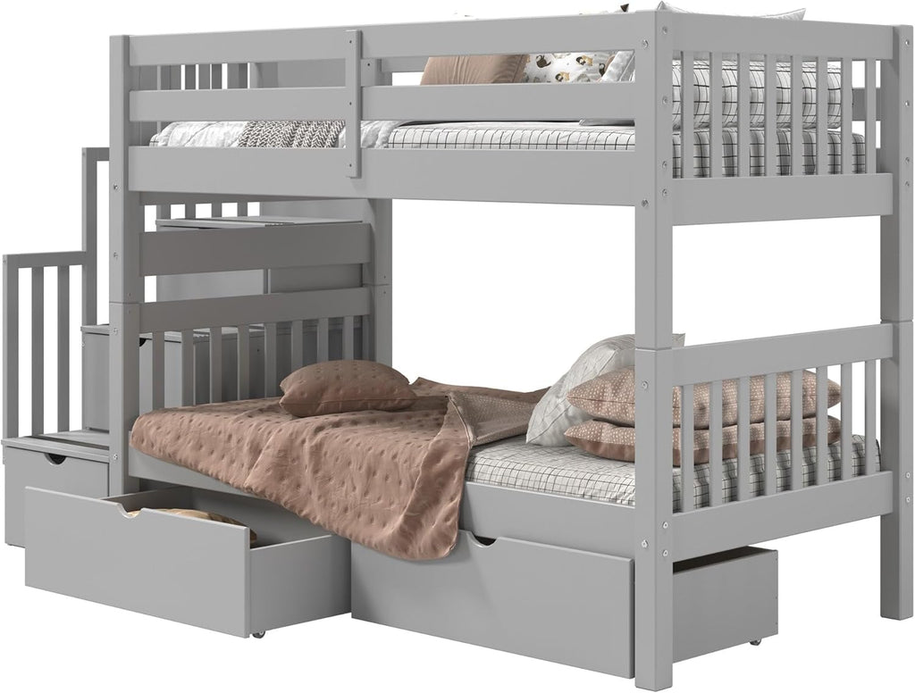 Bedz King Stairway Bunk Beds Twin Over Twin with 3 Drawers in the Steps and 2 Under Bed Drawers, Grey