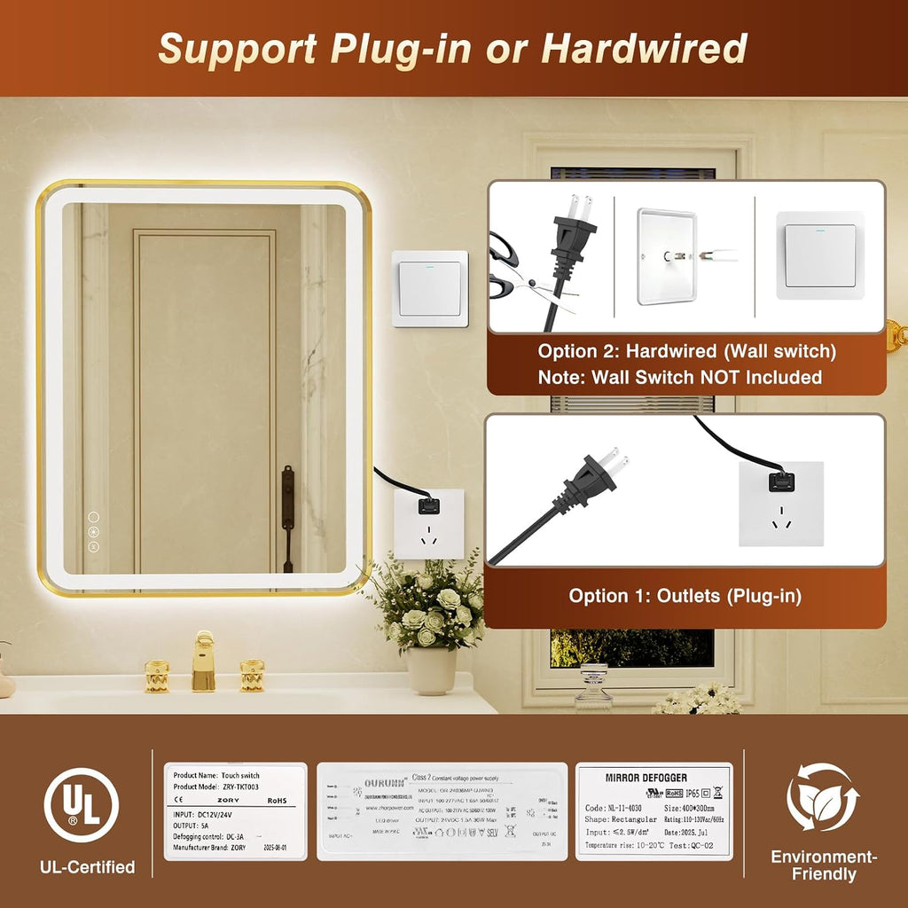 28x40 Inch LED Bathroom Mirror with Gold Frame,Front and Backlit Vanity Mirror,Tempered Glass,Stepless Dimmable Wall Mirrors with Anti-Fog, 3 Colors, Memory, Waterproof, LED Smart Bathroom Mirror