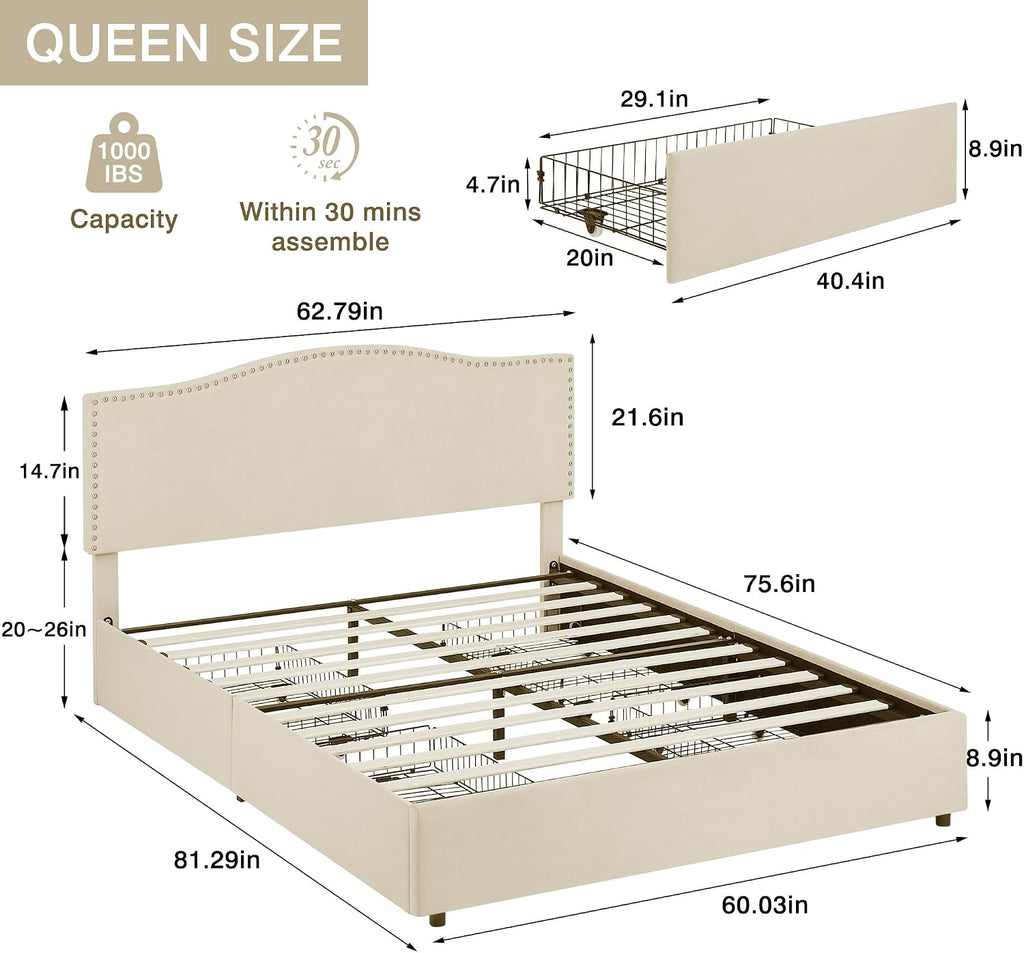 VECELO Queen Bed Frame Platform Bed Frame with Upholstered Headboard, 4 Storage Drawers, Strong Frame and Heavy-Duty Slats Support, Non-Slip and Noise-Free, Easy Assembly,Pink