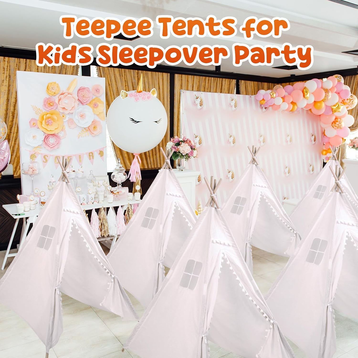 Windyun 6 Pcs Kids Teepee Tent Foldable Washable Indoor Outdoor for Boys Girls Toddler Boho Sleepovers Birthday Pajama Party Spa Supplies(63 Inch,White)