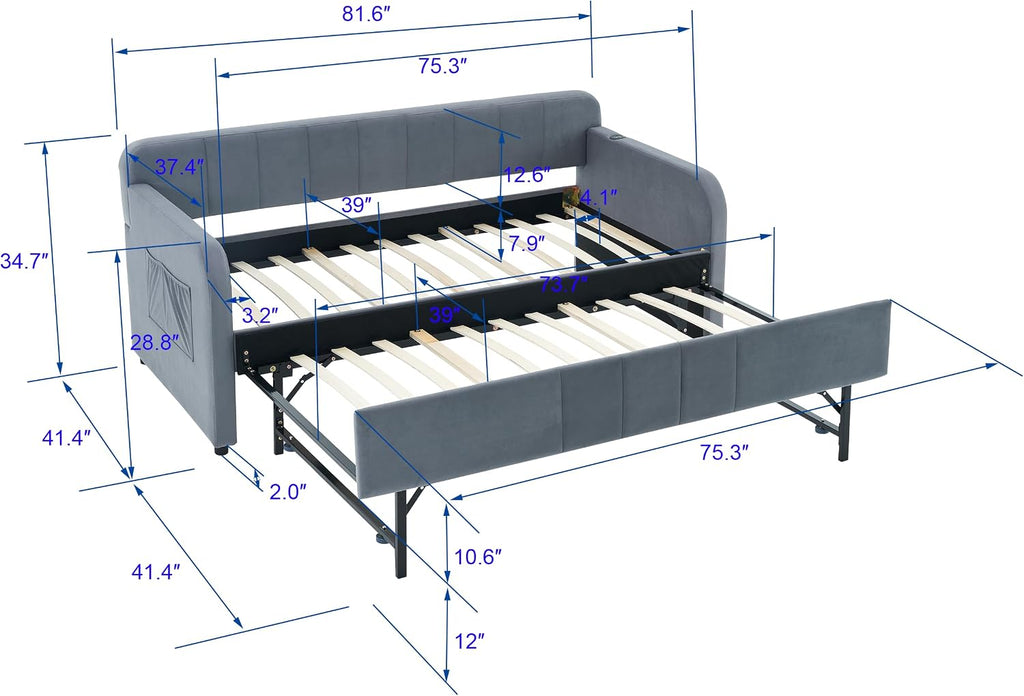 Deolme Twin to King Daybed with Trundle, USB Ports, Velvet Upholstered Daybed with Pop Up Trundle Bed, Modern Extendable Day Bed Frame for Kid Adult Bedroom Living Room Guest Room Small Places Gray