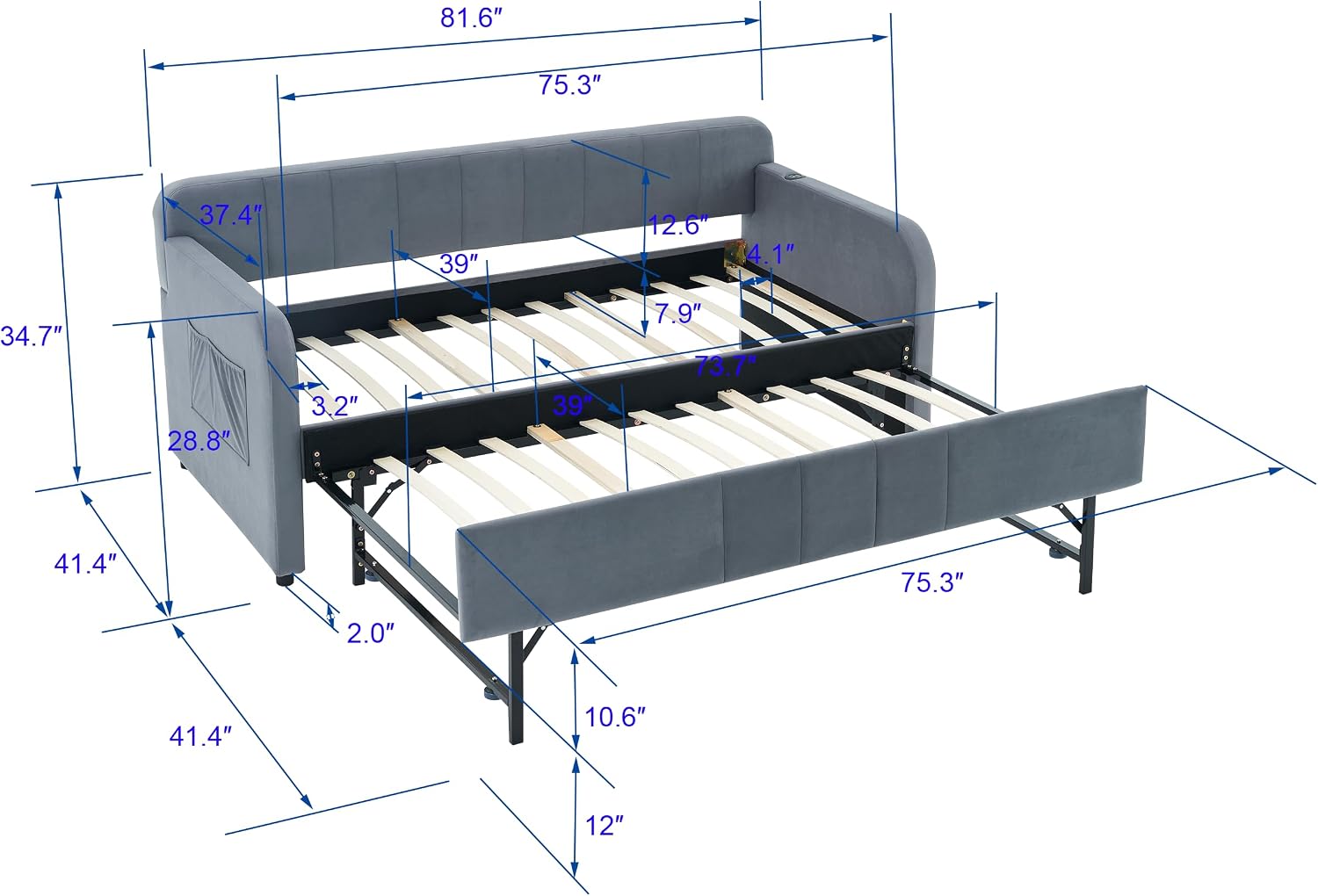 Deolme Twin to King Daybed with Trundle, USB Ports, Velvet Upholstered Daybed with Pop Up Trundle Bed, Modern Extendable Day Bed Frame for Kid Adult Bedroom Living Room Guest Room Small Places Gray