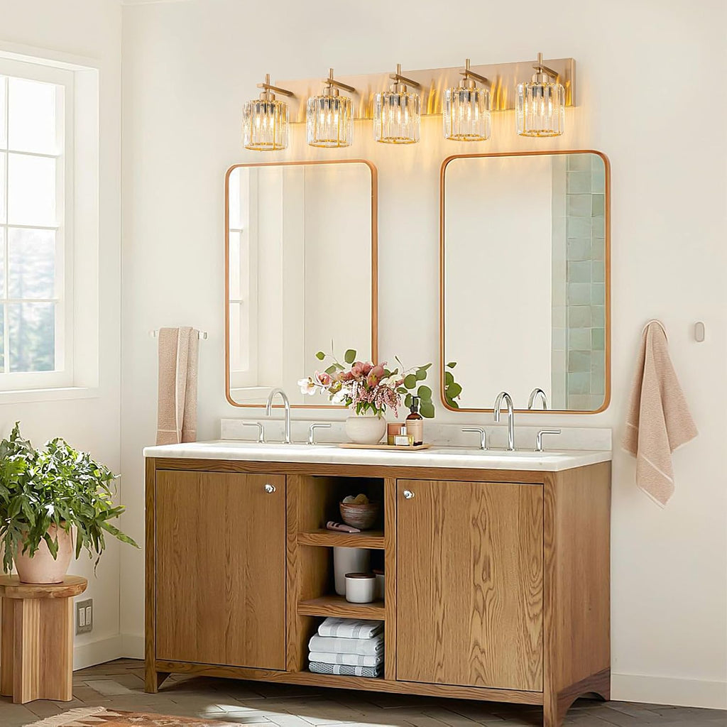 Modern Crystal Bathroom Vanity Lights, Gold 5-Lights Bathroom Light Fixtures Over Mirror, Crystal Wall Lighting with Polished Brass Finish