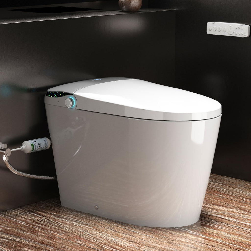 E6 Smart Toilet with Bidet, Built-In Tank for Low Water Pressure, Auto Open and Close Lid, Foot Sensor Flush, Instant Warm Water, Heated Seat, Warm Air Dryer, UV Nozzle Light, Remote Control