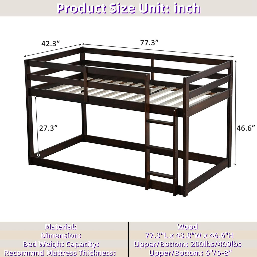 Bunk Bed Twin Over Twin, Floor Bunk Bed w Ladder, Safety Guard Rails, Heavy Duty Wooden Twin Bunk Beds Low Bunkbeds No Box Spring Required, Espresso