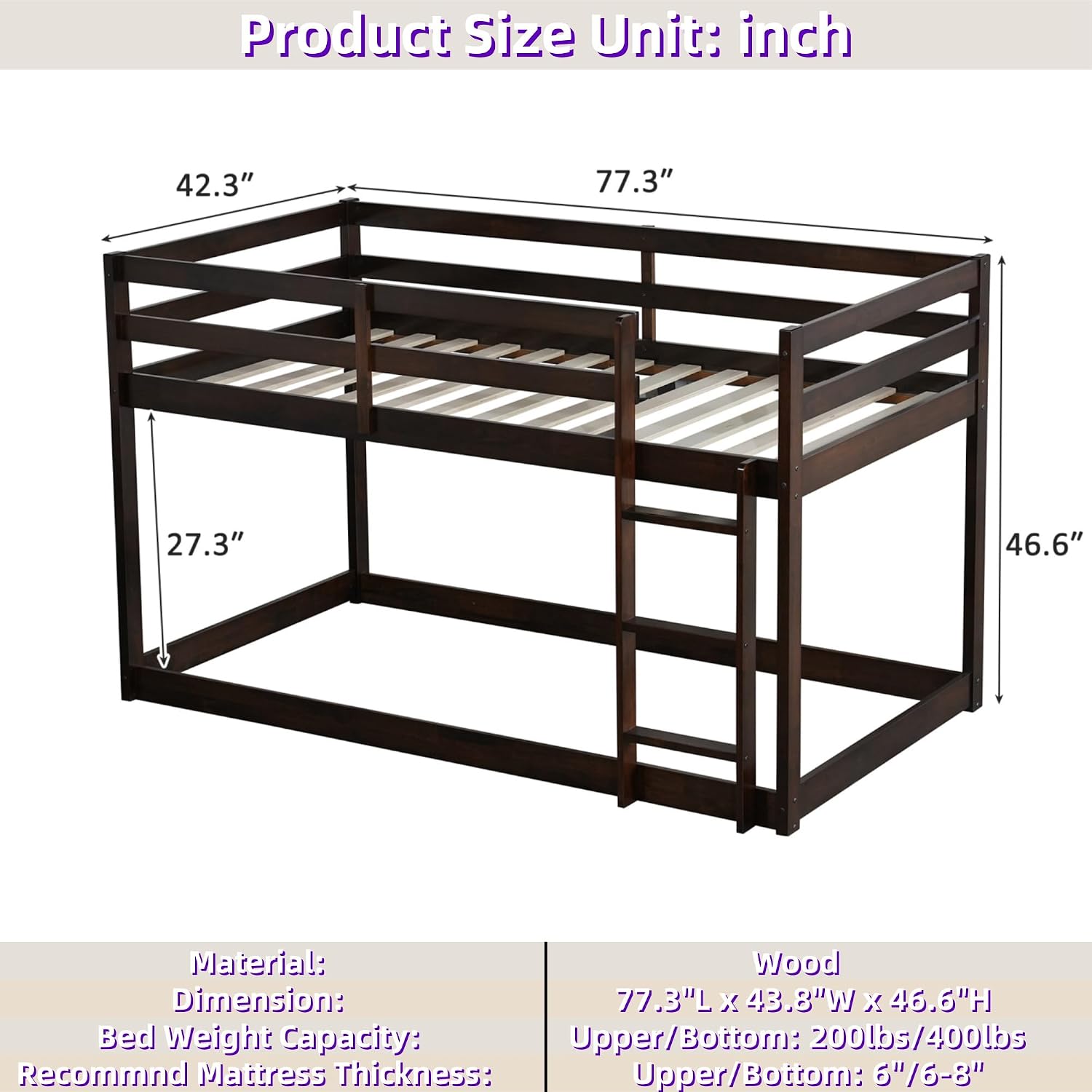 Bunk Bed Twin Over Twin, Floor Bunk Bed w Ladder, Safety Guard Rails, Heavy Duty Wooden Twin Bunk Beds Low Bunkbeds No Box Spring Required, Espresso