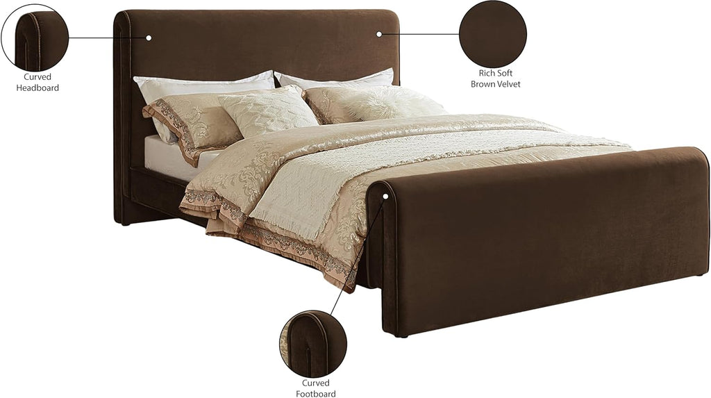 Meridian Furniture SloanBrown-F Sloan Collection Modern | Contemporary Velvet Upholstered Full Bed with Rich Soft Brown Velvet, Curved Headboard and Footboard, 59.5' W x 92' D x 45' H, Brown, Full