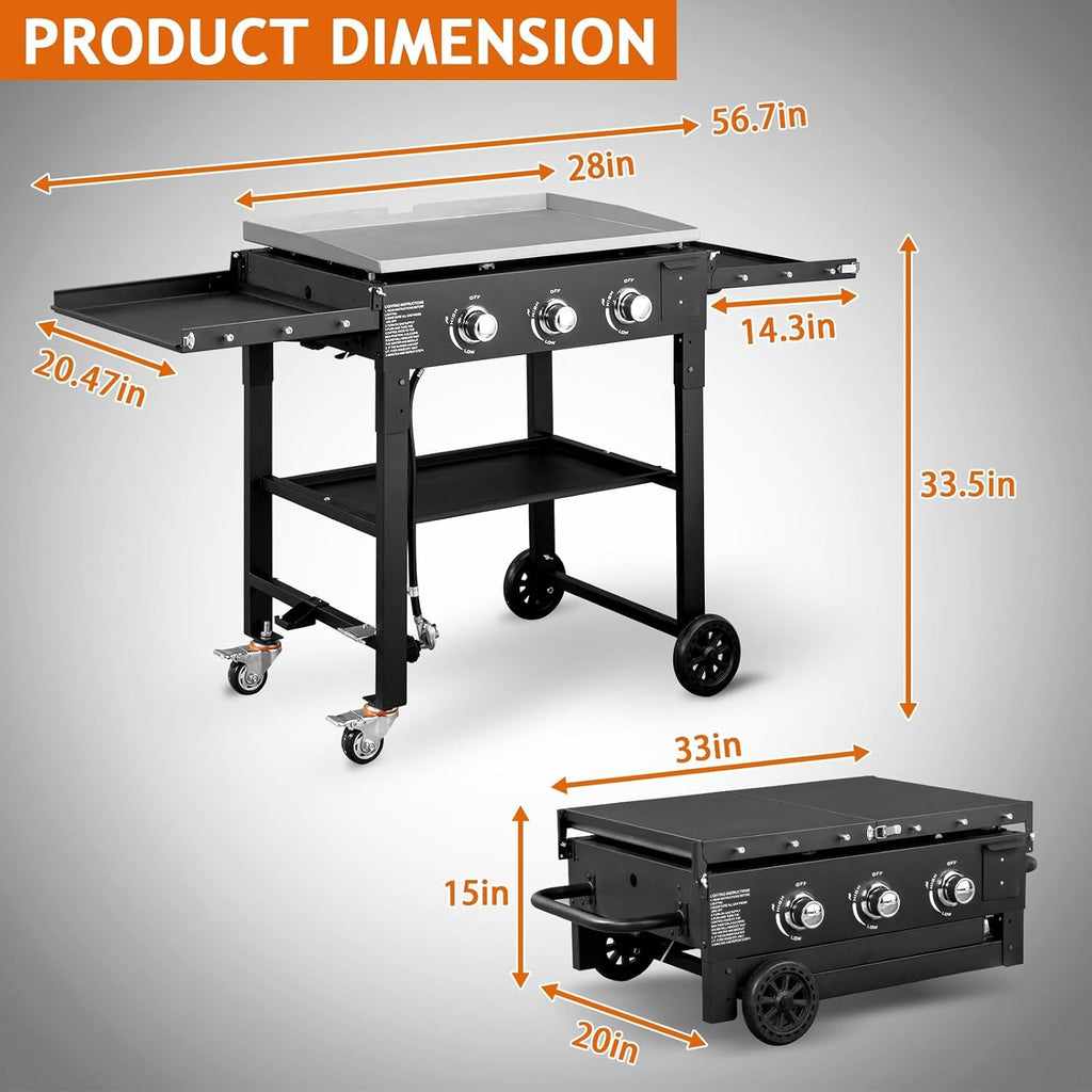 Foldable Flat Top Grill, Portable Outdoor Propane Griddle with 2 Foldable Shelves, 30000/45000/60000 BTU Gas Grill Griddle Cooking Station for BBQ & Outdoor Cooking, Black(3 Burner)