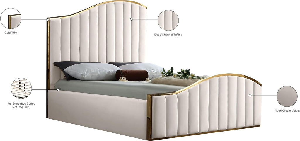Meridian Furniture Jolie Collection Modern | Contemporary Velvet Upholstered Bed With Channel Tufting, And Polished Gold Metal Frame, Cream, Queen