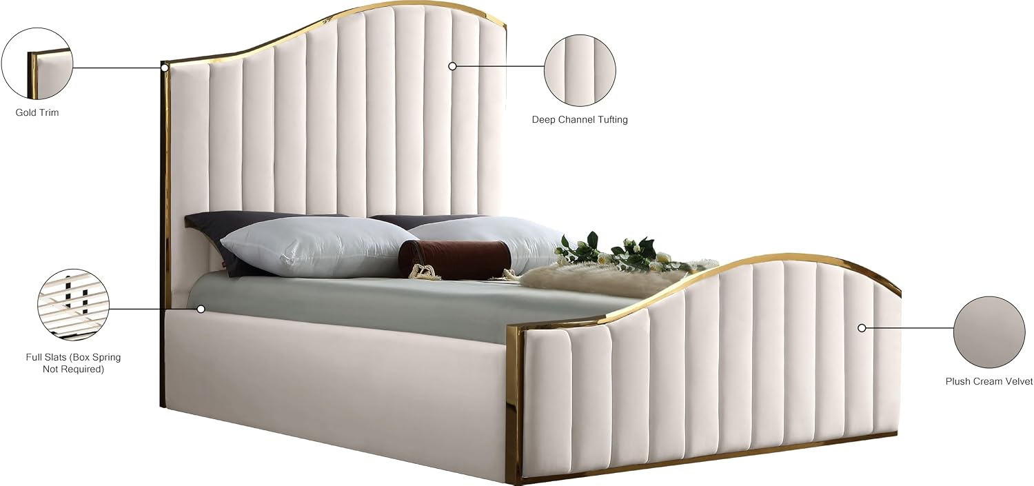 Meridian Furniture Jolie Collection Modern | Contemporary Velvet Upholstered Bed With Channel Tufting, And Polished Gold Metal Frame, Cream, Queen