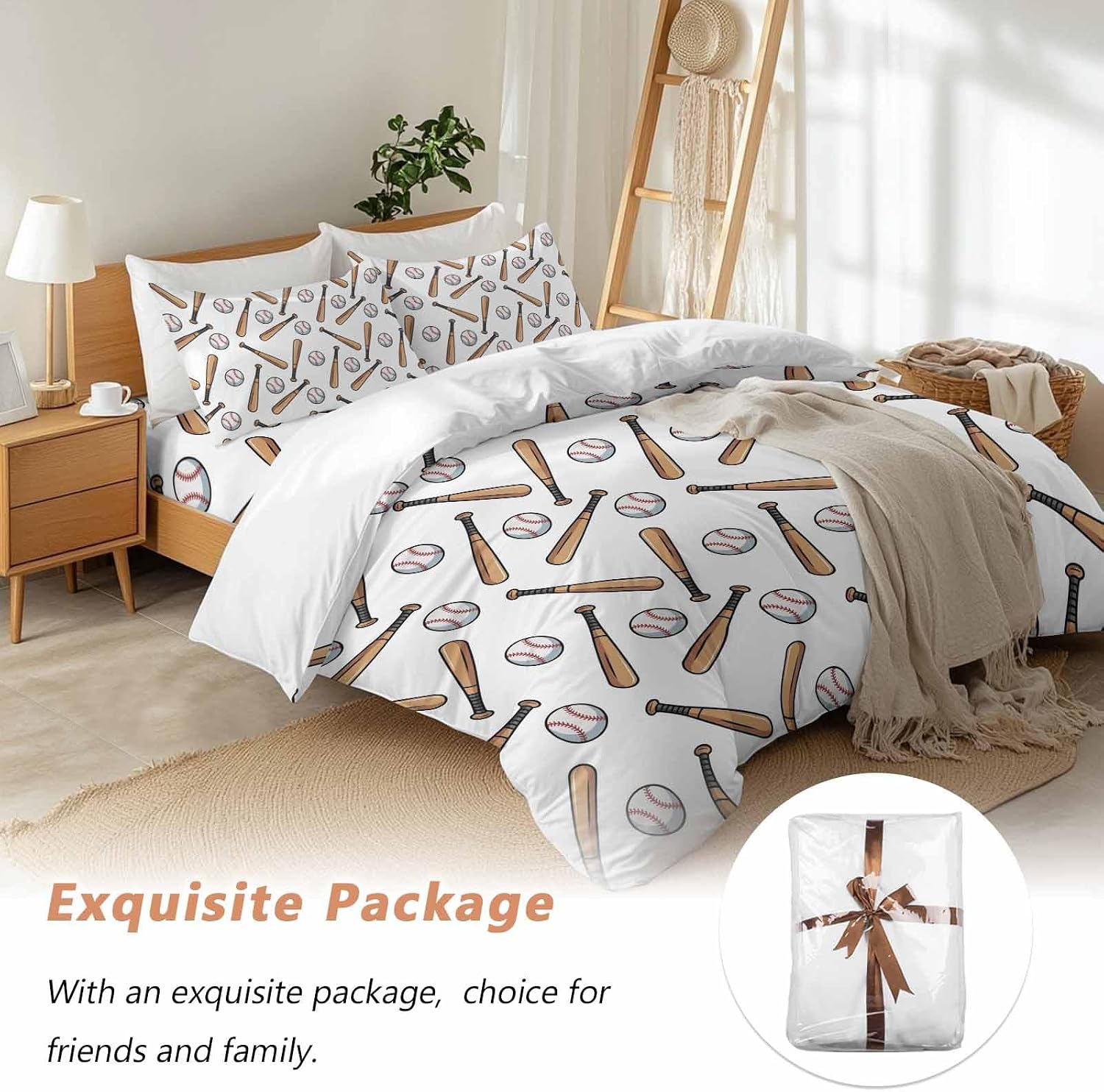 Baseball Duvet Cover Set Queen Size 4 Pieces Retro Sports Style Baseball Bats Minimalist Modern Bedding Set with Zipper Closure, 1 Comforter Cover 92x106 Inches 1 Flat Sheet & 2 Pillow Cases