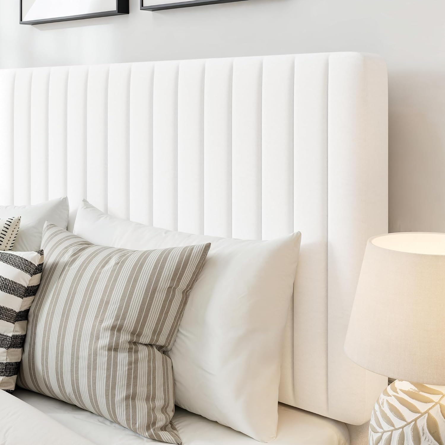 GOLDORO Queen Size Bed Frame with Adjustable Headboard, Velvet Upholstered Platform Bed, Vertical Channel Tufted Design, Wooden Slat Support, No Box Spring Needed, Easy Assembly, White